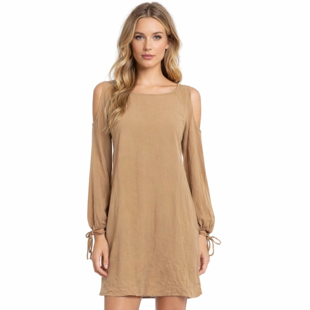 Amanda Uprichard Silk Cold Shoulder Dress‎ Tan Tie Sleeve Size Small Old Money